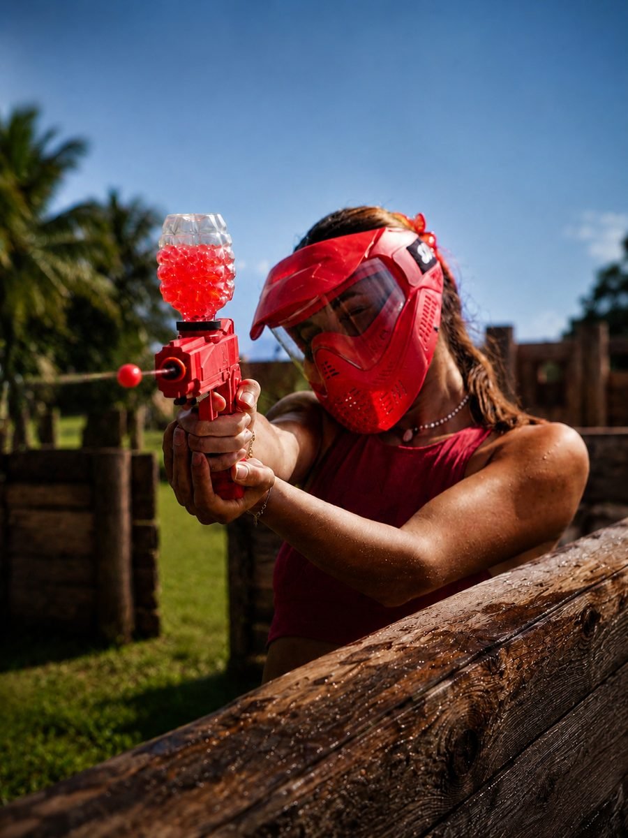 Joueuse équipée d'un masque de protection rouge tirant une bille de gel avec un lanceur GellyBall sur le terrain Battle Gel à Petit-Bourg, Guadeloupe